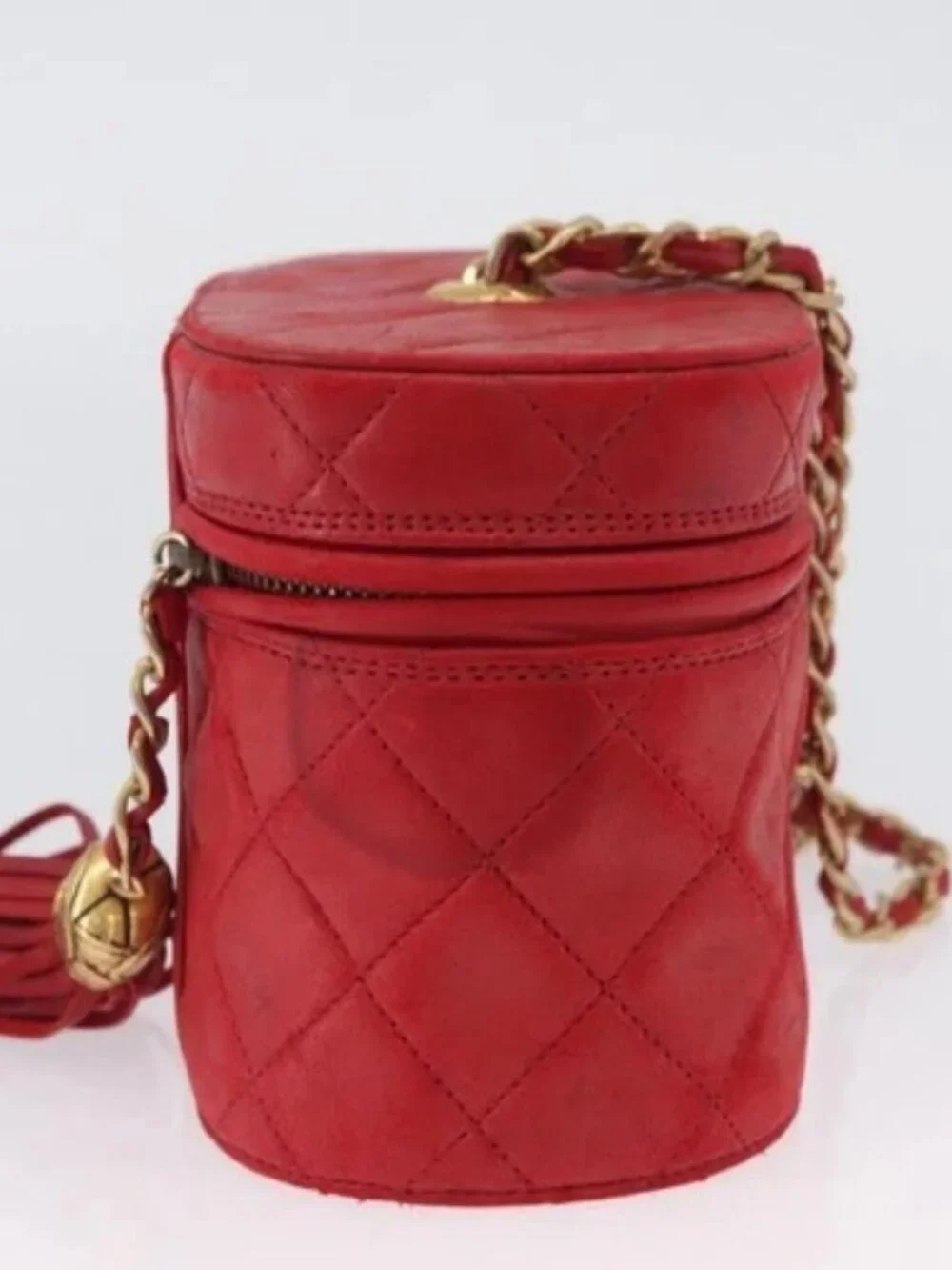 CHANEL Chain Shoulder Bag Lamb Skin Red Gold CC Auth AMZ310A